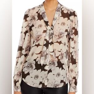 PAIGE Floral Tie-Neck Blouse in Cream and Brown